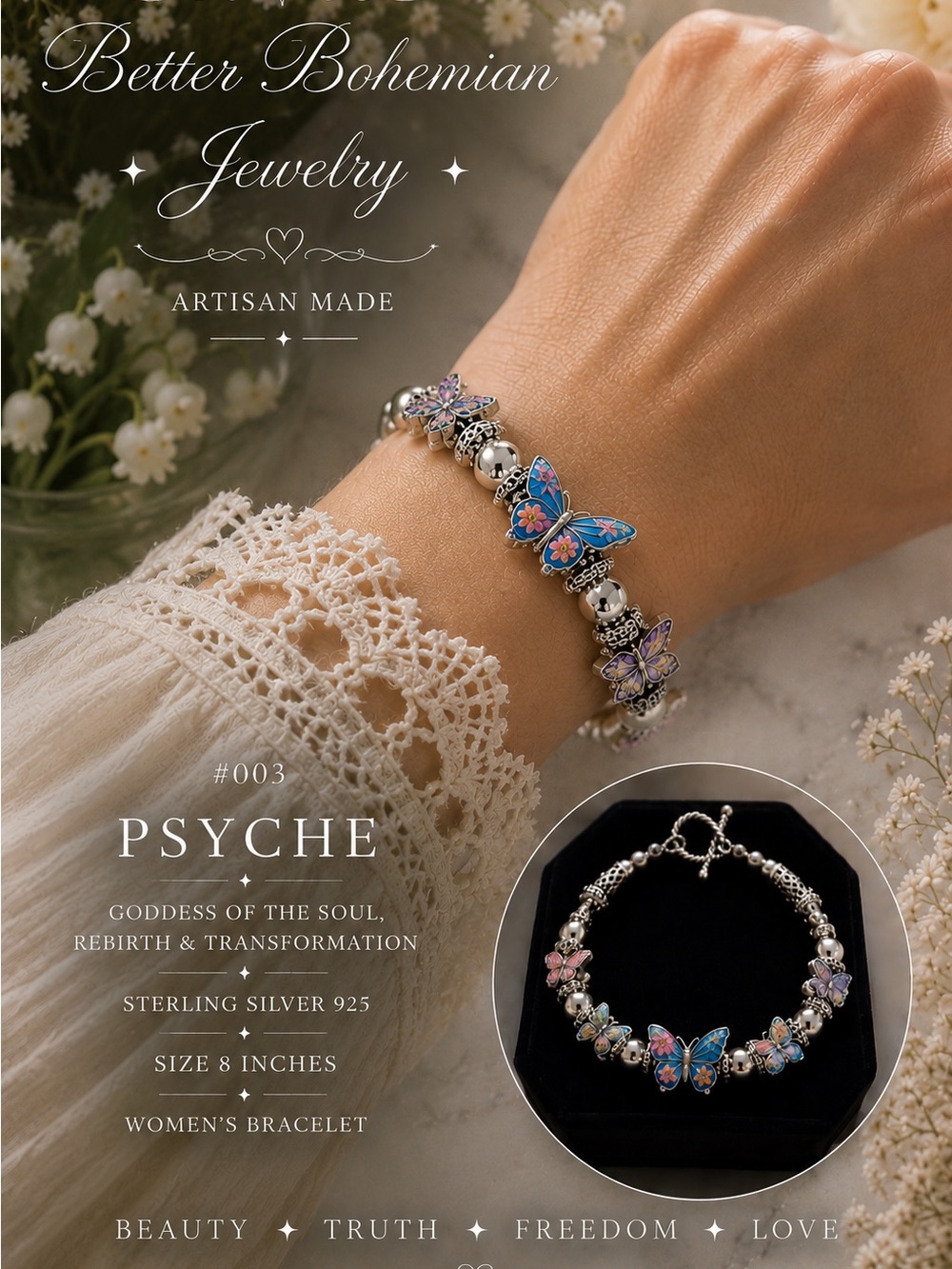 🥀Better Bohemian 925 Sterling Silver butterfly toggle bracelet( #003 PSYCHE”)🦋